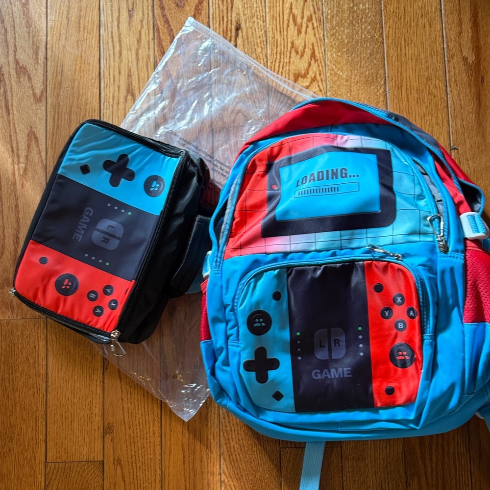 Blue and Red Gaming Backpack with Lunch Bag Set